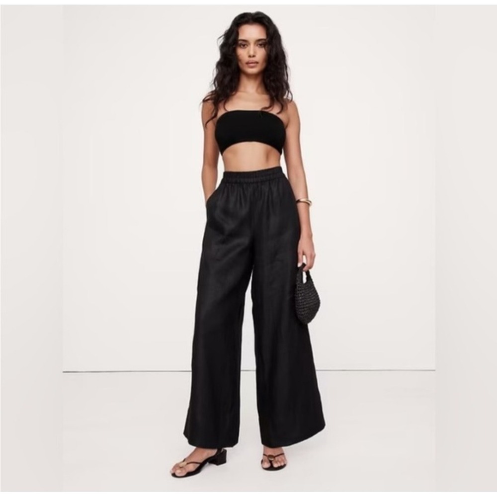 New Banana Republic Pants XXL 100% Linen Pull-on Black Wide Leg Ankle Summer